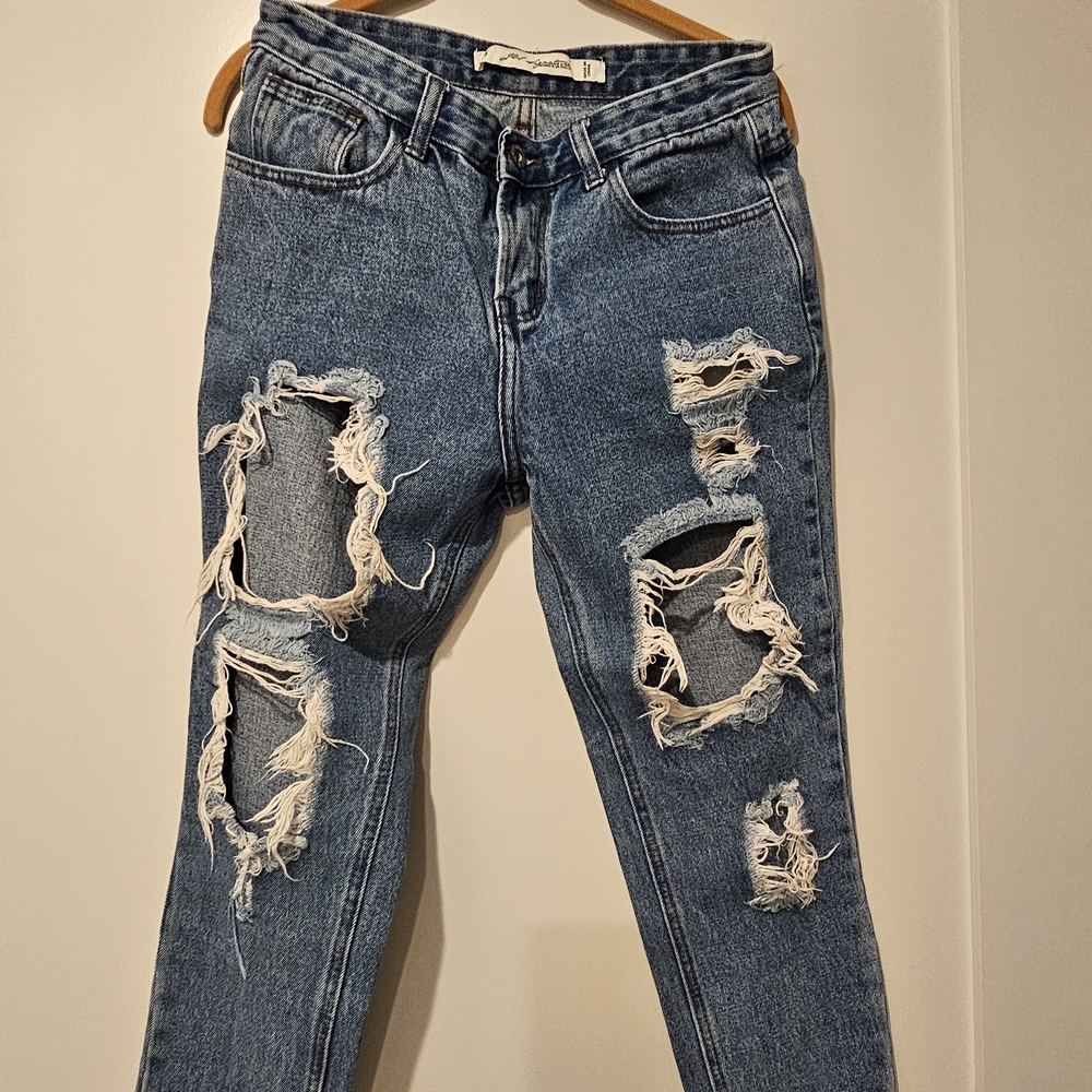 Classic Blue Distressed Straight Leg Jeans